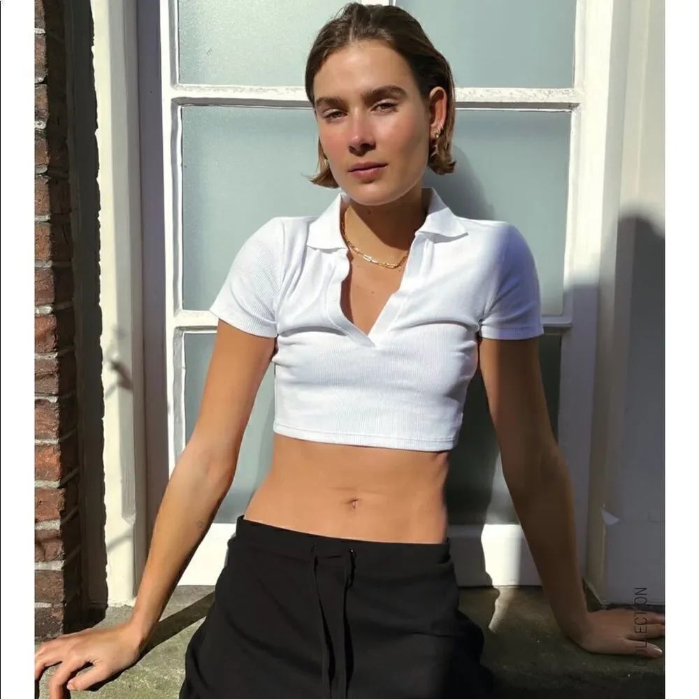 Zara RIB POLO CROP SHIRT in white size small